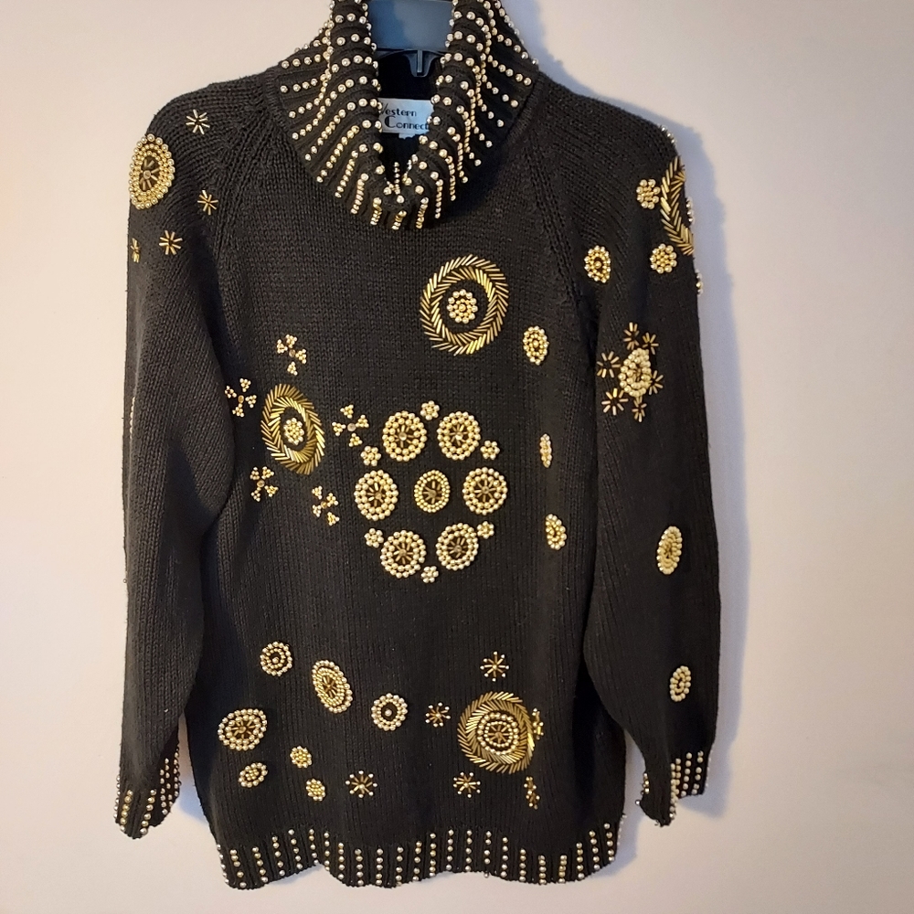 Vintage Western Connection Festive Fully Gold Beaded Cowl neck Sweater Holiday